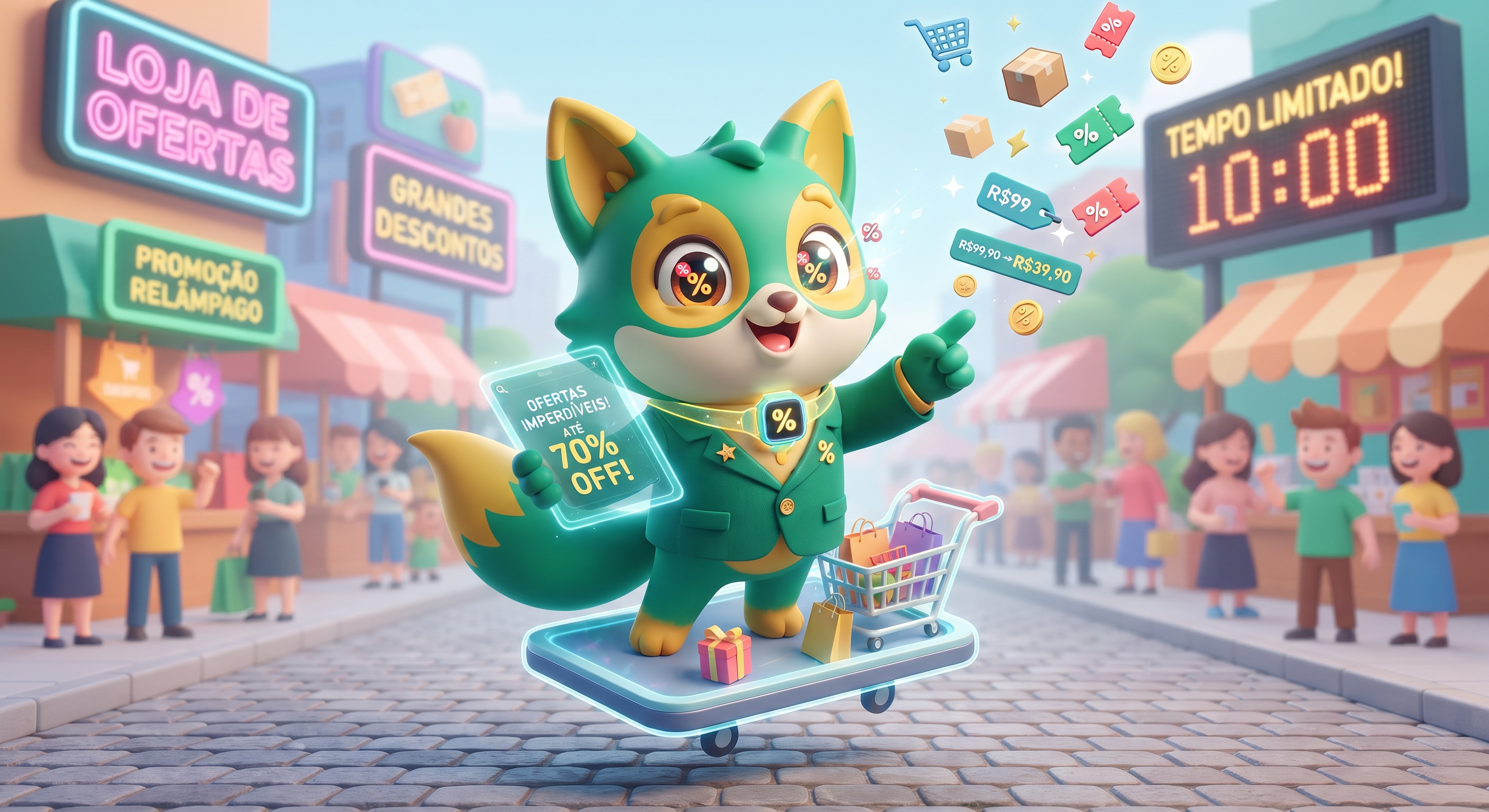 Sr. Barganha, a raposa mascote de O Barganha, em uma rua de lojas cercada de ofertas, cupons e um carrinho de compras.